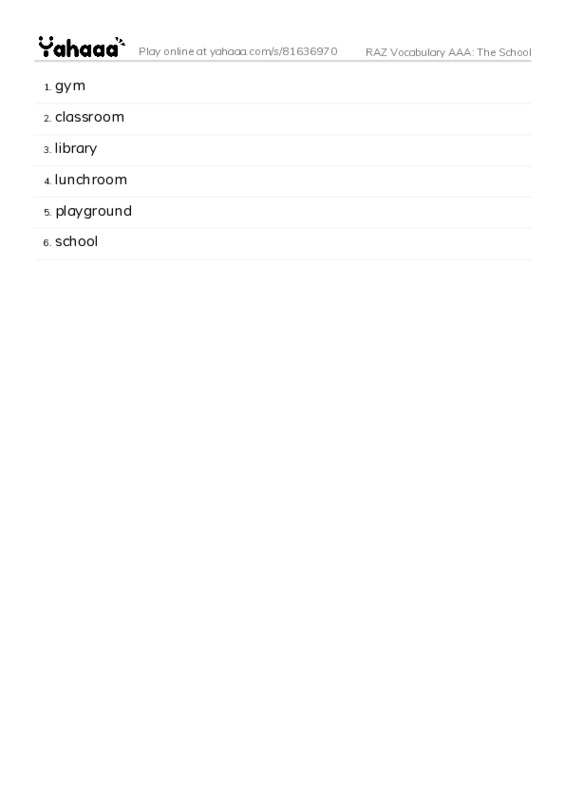 RAZ Vocabulary AAA: The School PDF words glossary