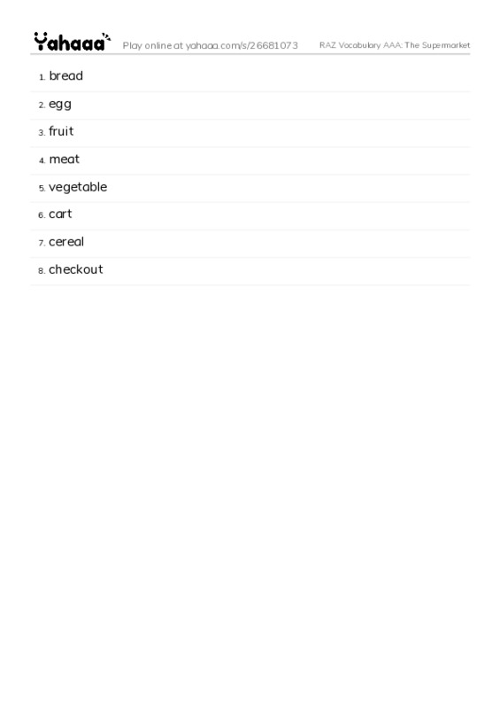 RAZ Vocabulary AAA: The Supermarket PDF words glossary