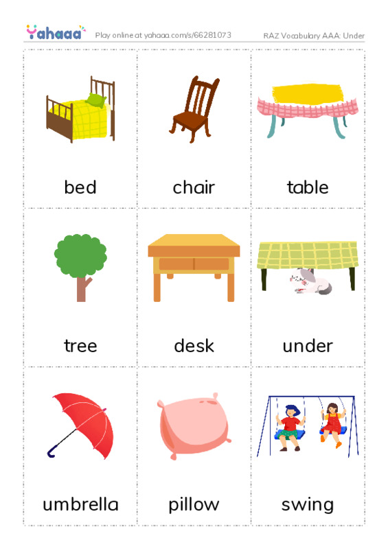 RAZ Vocabulary AAA: Under PDF flaschards with images