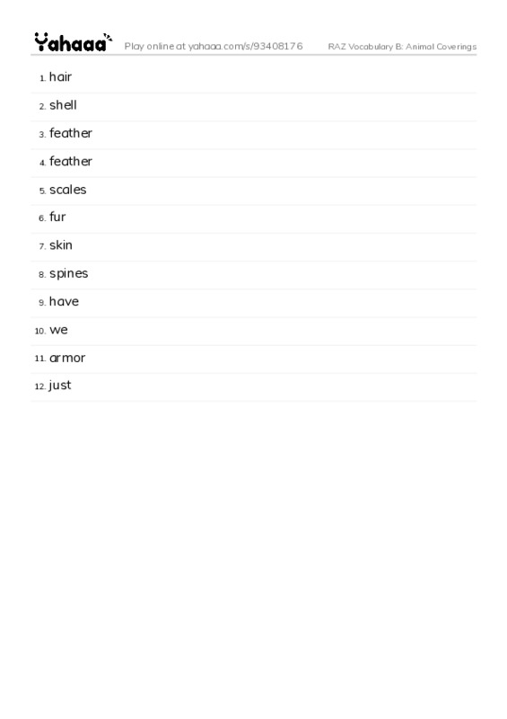 RAZ Vocabulary B: Animal Coverings PDF words glossary