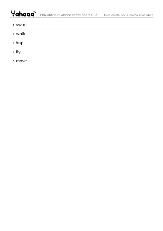 RAZ Vocabulary B: Animals Can Move PDF words glossary