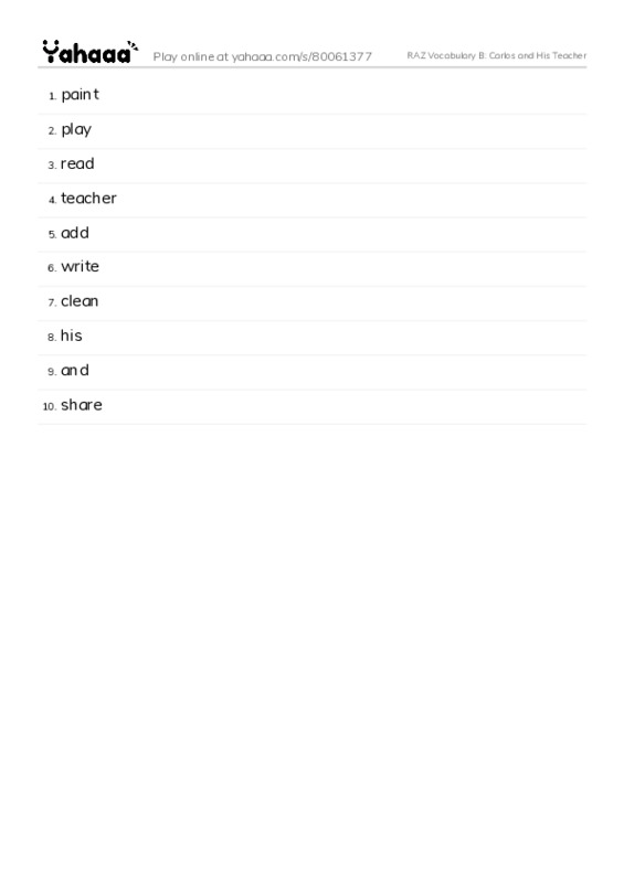 RAZ Vocabulary B: Carlos and His Teacher PDF words glossary