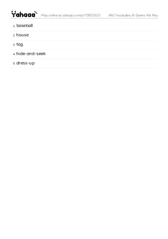 RAZ Vocabulary B: Games We Play PDF words glossary