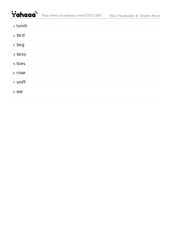 RAZ Vocabulary B: Gracies Nose PDF words glossary