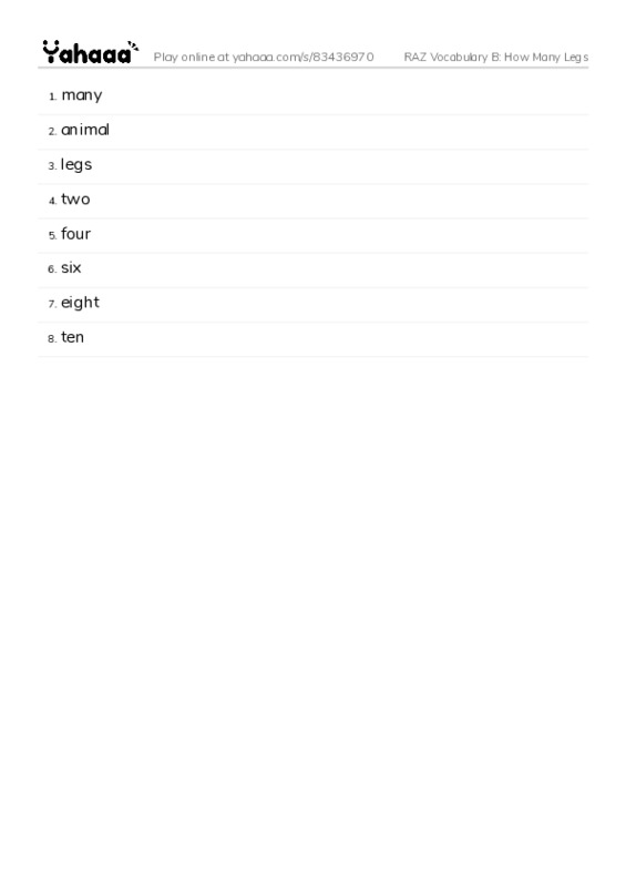 RAZ Vocabulary B: How Many Legs PDF words glossary