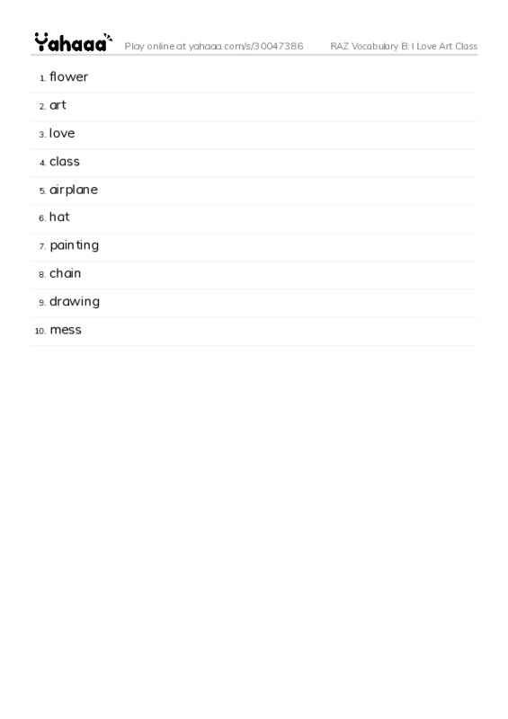 RAZ Vocabulary B: I Love Art Class PDF words glossary
