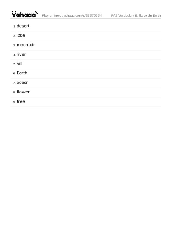 RAZ Vocabulary B: I Love the Earth PDF words glossary