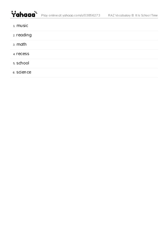 RAZ Vocabulary B: It Is School Time PDF words glossary