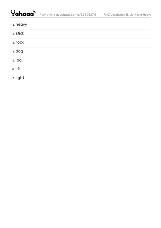 RAZ Vocabulary B: Light and Heavy PDF words glossary