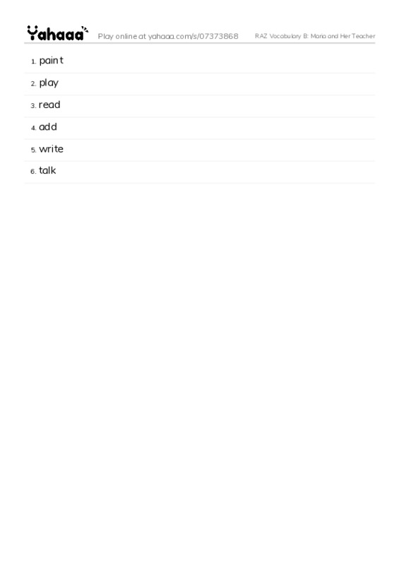RAZ Vocabulary B: Maria and Her Teacher PDF words glossary