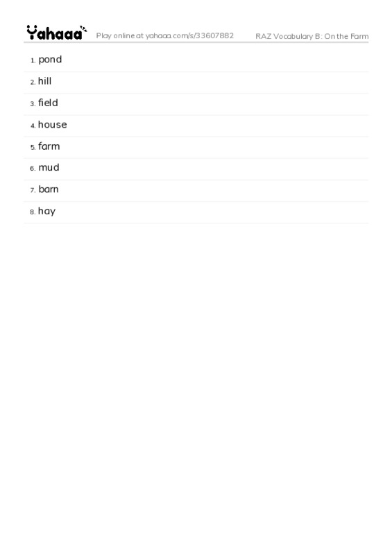 RAZ Vocabulary B: On the Farm PDF words glossary