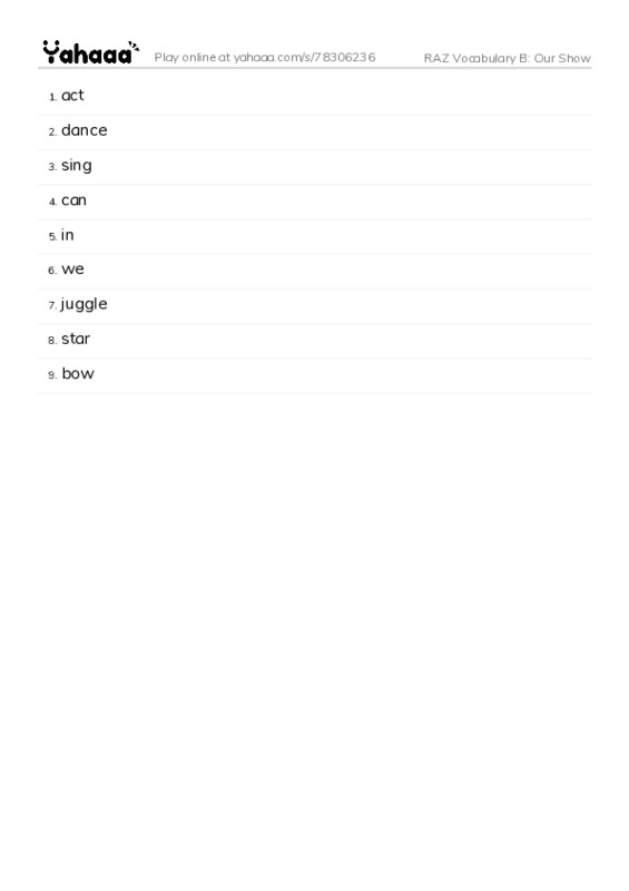 RAZ Vocabulary B: Our Show PDF words glossary