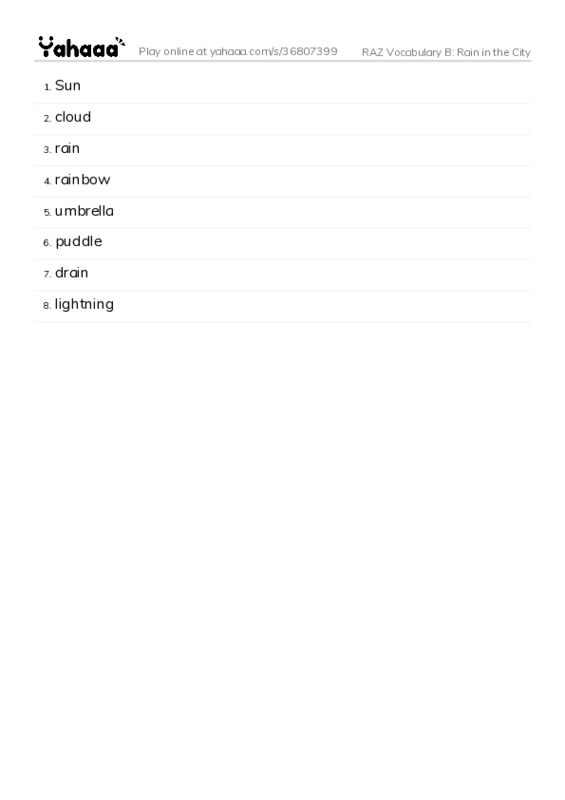 RAZ Vocabulary B: Rain in the City PDF words glossary