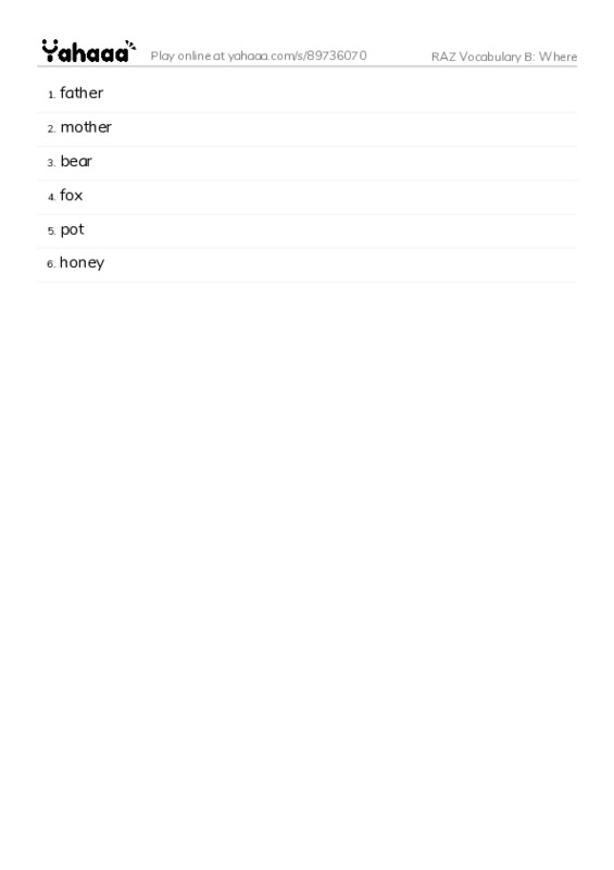 RAZ Vocabulary B: Where PDF words glossary