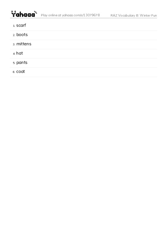 RAZ Vocabulary B: Winter Fun PDF words glossary
