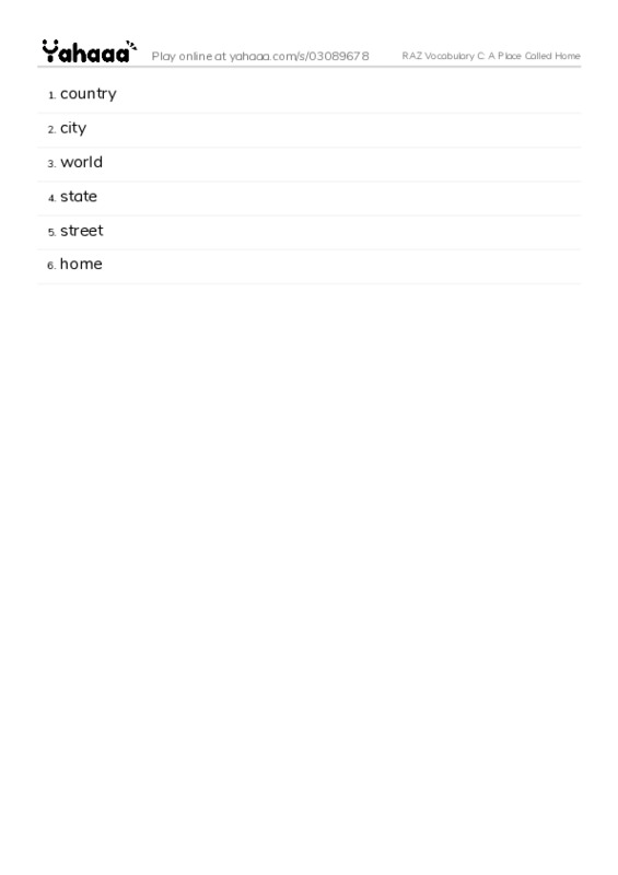 RAZ Vocabulary C: A Place Called Home PDF words glossary