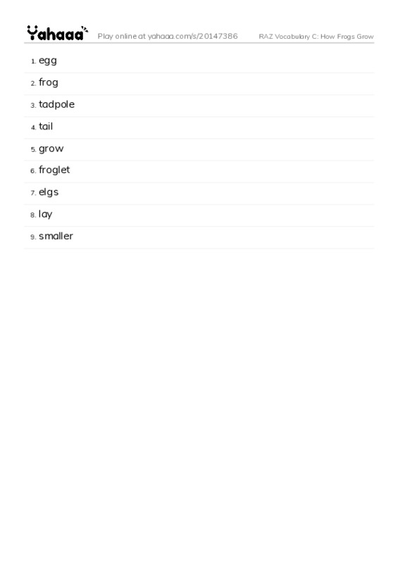 RAZ Vocabulary C: How Frogs Grow PDF words glossary