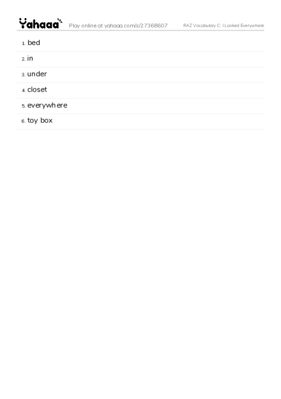 RAZ Vocabulary C: I Looked Everywhere PDF words glossary