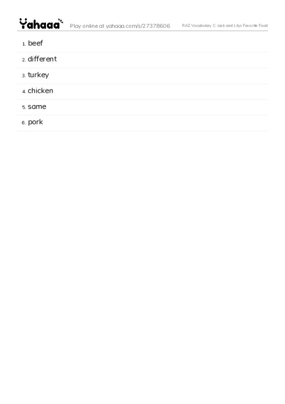 RAZ Vocabulary C: Jack and Lilys Favorite Food PDF words glossary