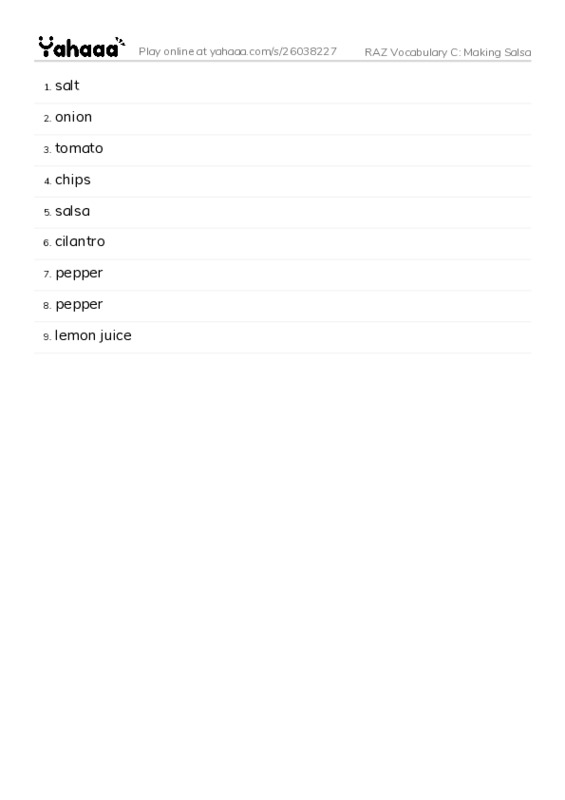 RAZ Vocabulary C: Making Salsa PDF words glossary