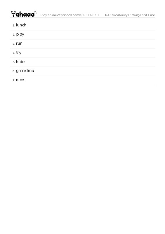 RAZ Vocabulary C: Mongo and Cutie PDF words glossary