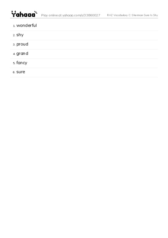 RAZ Vocabulary C: Sherman Sure Is Shy PDF words glossary