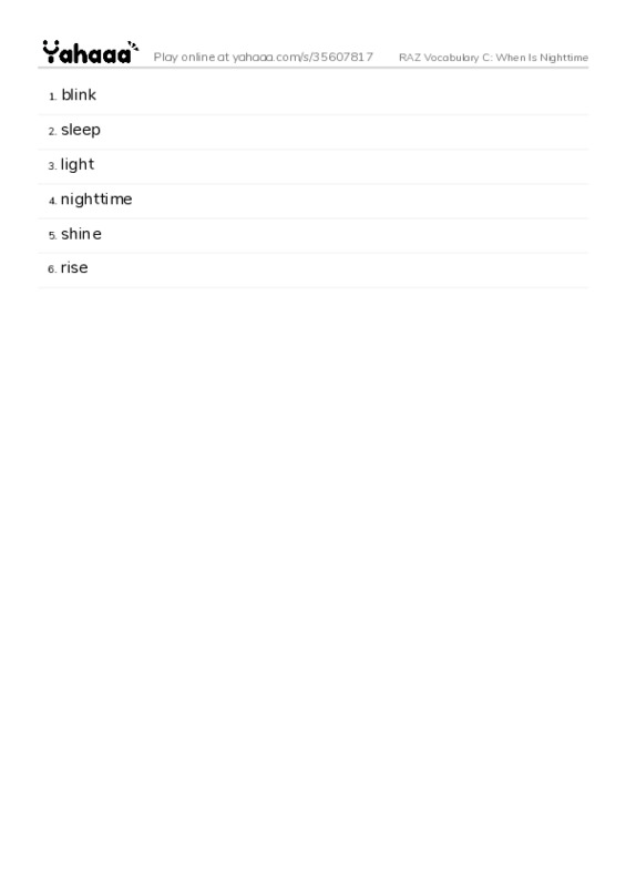 RAZ Vocabulary C: When Is Nighttime PDF words glossary