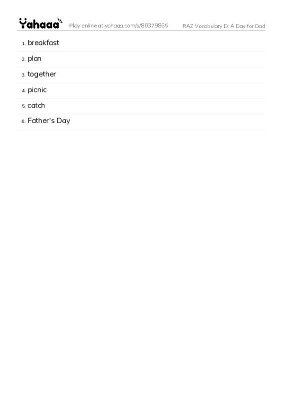RAZ Vocabulary D: A Day for Dad PDF words glossary