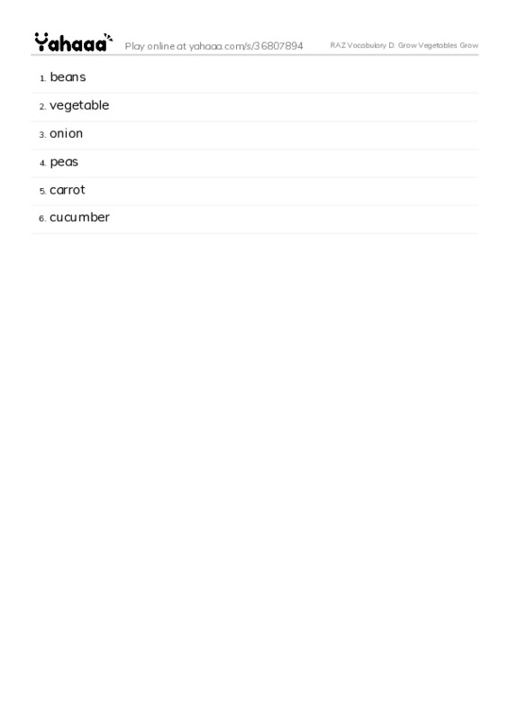 RAZ Vocabulary D: Grow Vegetables  PDF words glossary