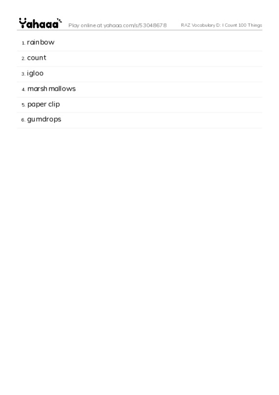 RAZ Vocabulary D: I Count 100 Things PDF words glossary