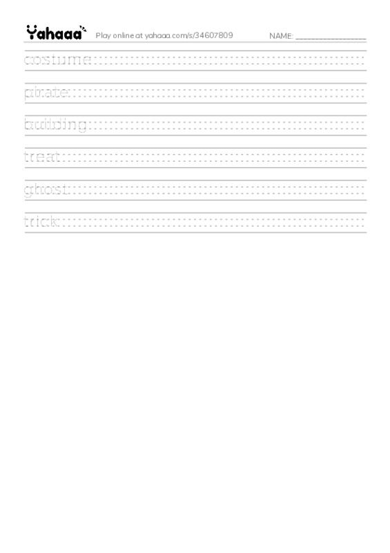RAZ Vocabulary E: Carloss First Halloween PDF write between the lines worksheet