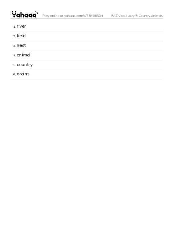 RAZ Vocabulary E: Country Animals PDF words glossary