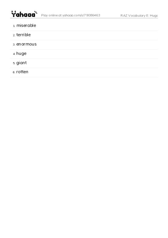 RAZ Vocabulary E: Hugs PDF words glossary