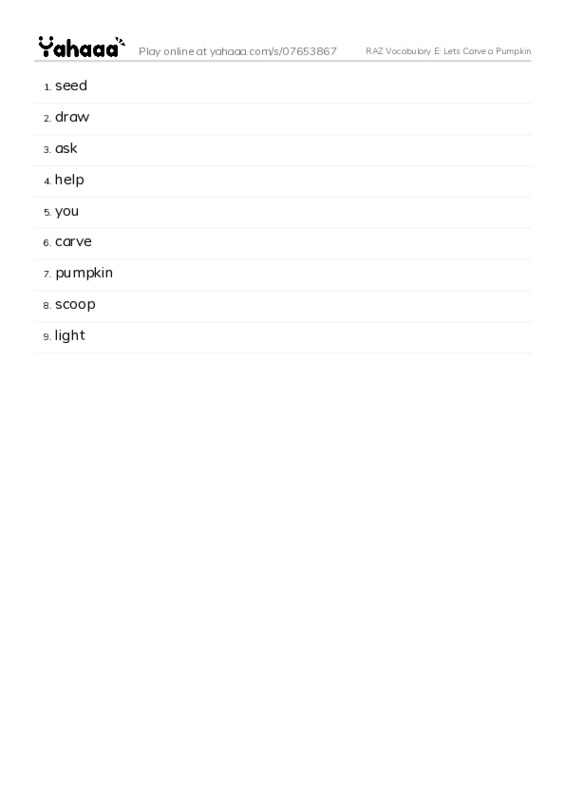 RAZ Vocabulary E: Lets Carve a Pumpkin PDF words glossary