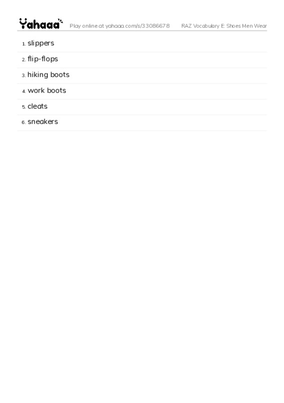 RAZ Vocabulary E: Shoes Men Wear PDF words glossary