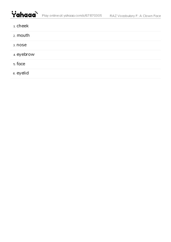 RAZ Vocabulary F: A Clown Face PDF words glossary