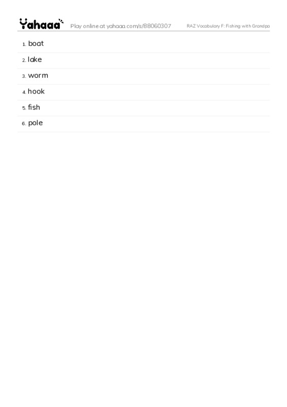RAZ Vocabulary F: Fishing with Grandpa PDF words glossary