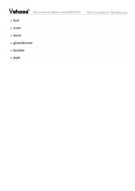 RAZ Vocabulary F: Glassblowing PDF words glossary