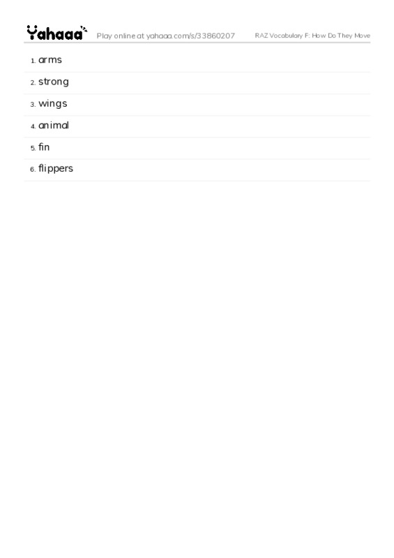 RAZ Vocabulary F: How Do They Move PDF words glossary