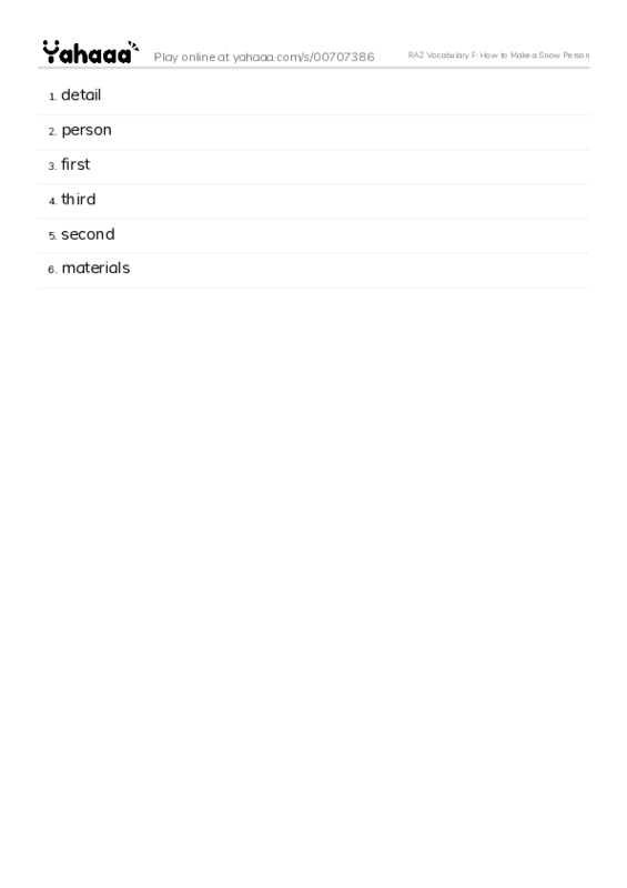 RAZ Vocabulary F: How to Make a Snow Person PDF words glossary