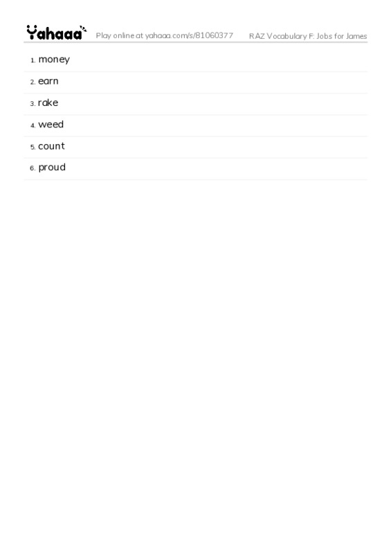 RAZ Vocabulary F: Jobs for James PDF words glossary