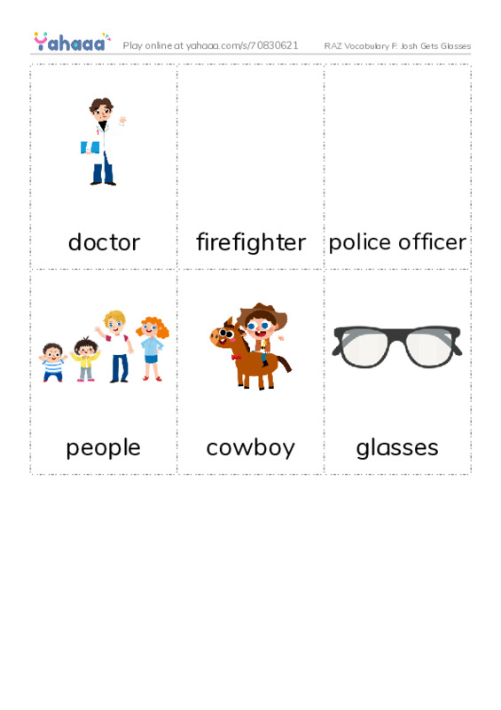 RAZ Vocabulary F: Josh Gets Glasses PDF flaschards with images