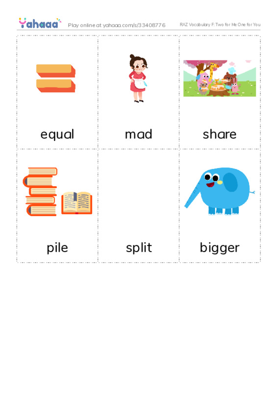 RAZ Vocabulary F: Two for Me One for You PDF flaschards with images