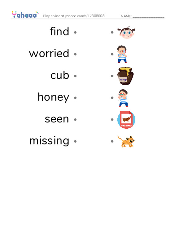 RAZ Vocabulary F: Where Is Cub PDF link match words worksheet