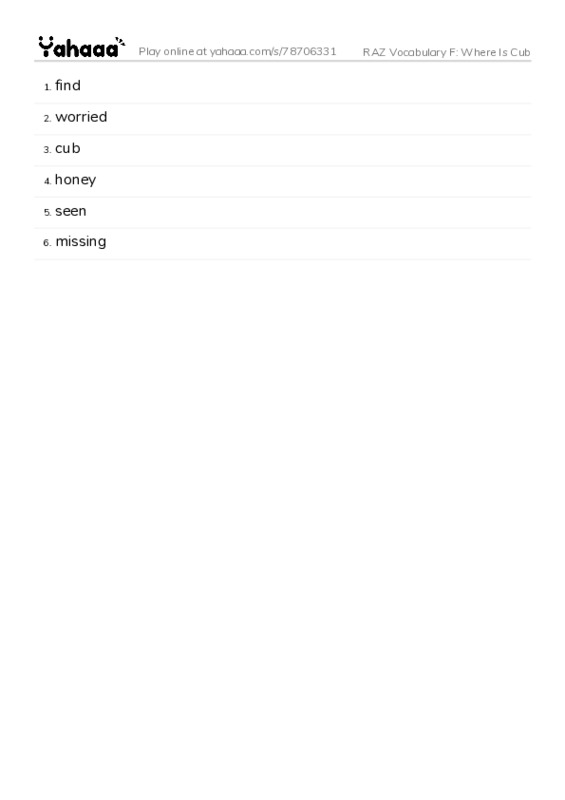 RAZ Vocabulary F: Where Is Cub PDF words glossary