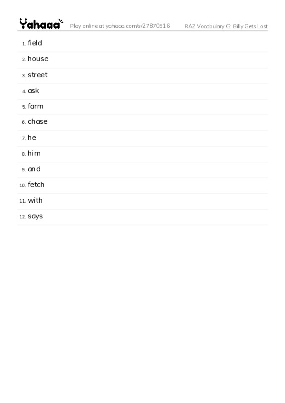 RAZ Vocabulary G: Billy Gets Lost PDF words glossary