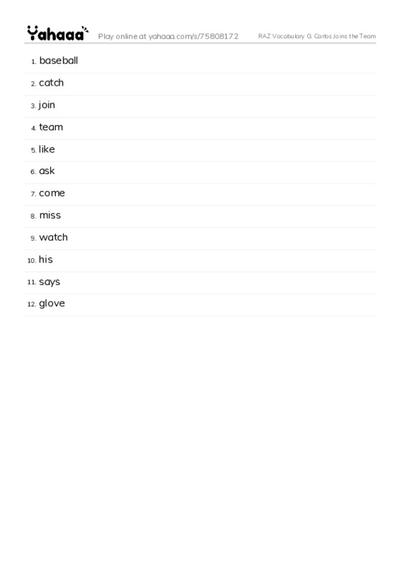 RAZ Vocabulary G: Carlos Joins the Team PDF words glossary