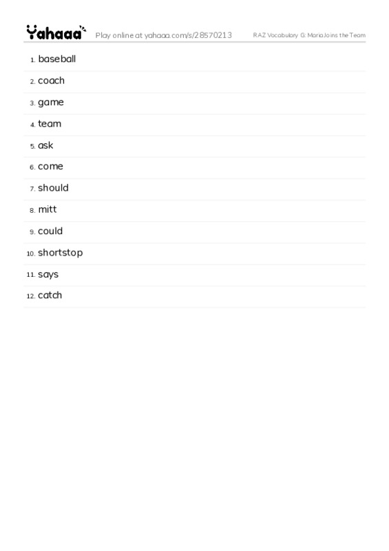 RAZ Vocabulary G: Maria Joins the Team PDF words glossary