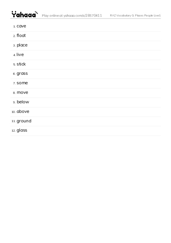 RAZ Vocabulary G: Places People Live1 PDF words glossary