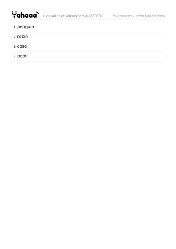 RAZ Vocabulary G: Whose Eggs Are These2 PDF words glossary